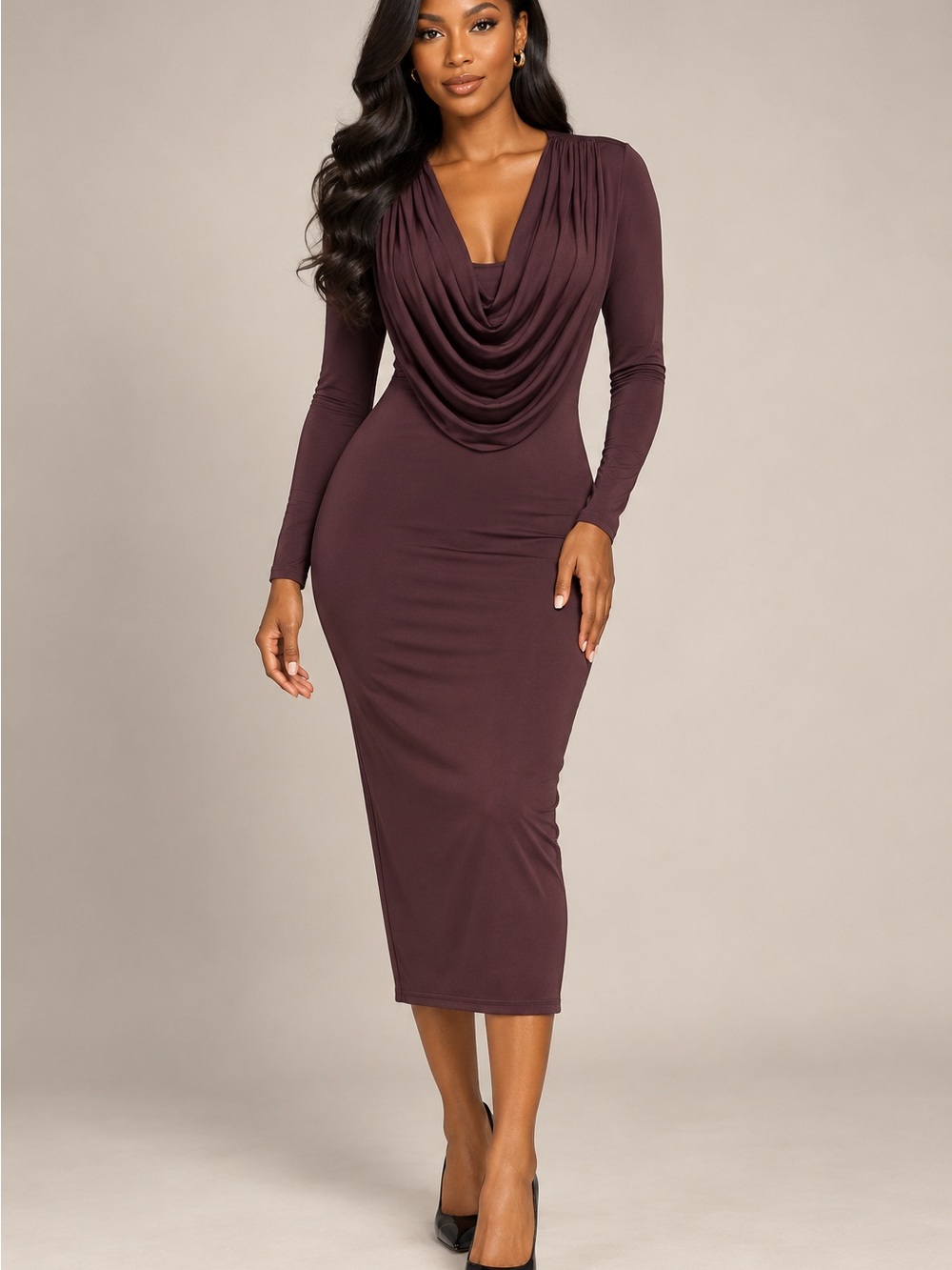 Fashion Nova Heidi Chocolate Brown Cowl Neck Stretch Midi Dress XS NEW